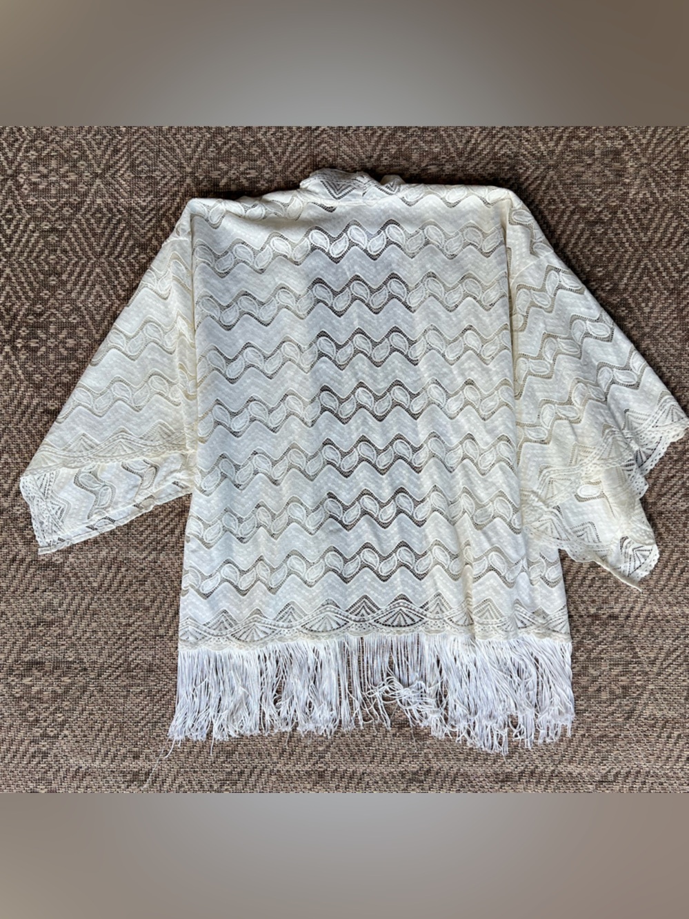Anna Sui Boho Crochet Lace‎ Fringe Kimono Ivory White One Size - Picture 8 of 8